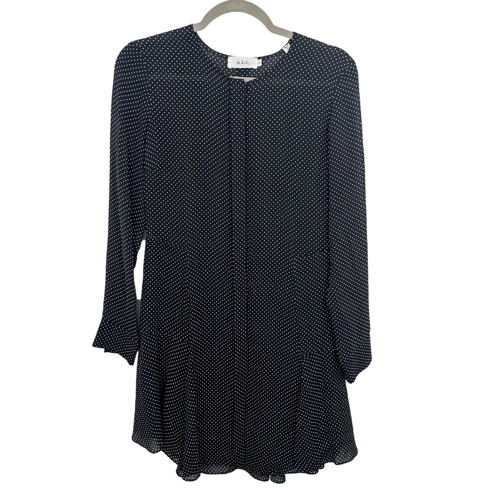 A.L.C. Black Polka Dot 100% Silk Long Sleeve Mini Dress Size 4 Fit & Flare